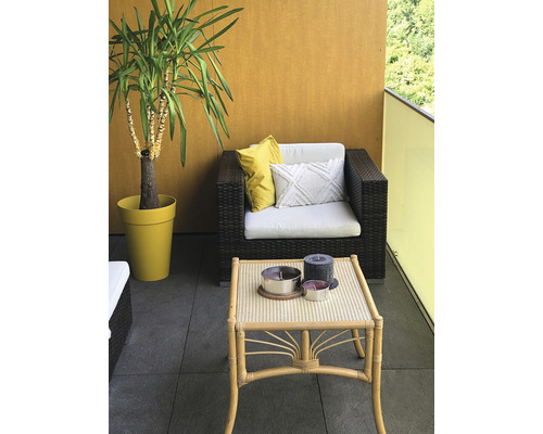 Balkonszene mit Rattanmöbeln, Kissen und Zimmerpflanze im Topf