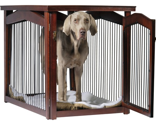 Hond an engem brongen Hondshaus mat Gitterstäben