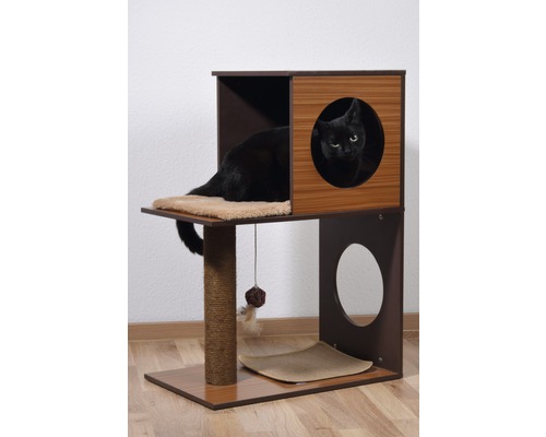 Arbre à chat avec surfaces de couchage, griffoir et chat noir