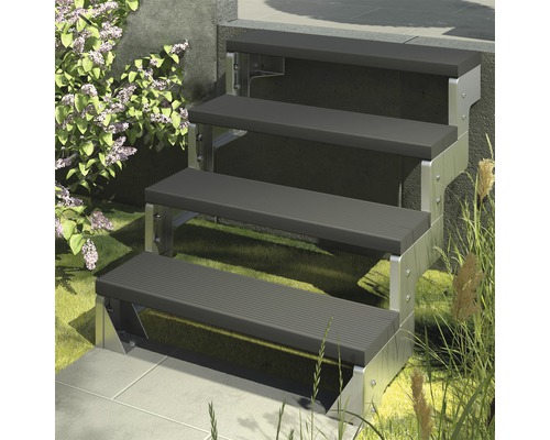 Escalier extérieur Pertura Tallis sans balustrade 2 pas de marche Trimax 100 cm anthracite Escalier à quatre marches dans un jardin
