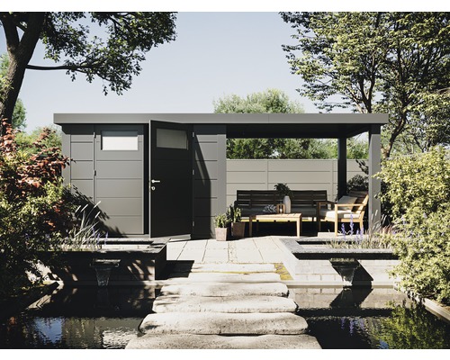 Aménagement extérieur avec remise de jardin, terrasse et bassin