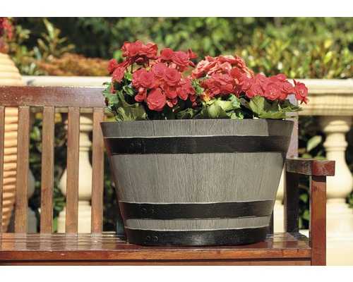 Pot de fleurs imitation tonneau avec des fleurs rouges sur un banc en bois