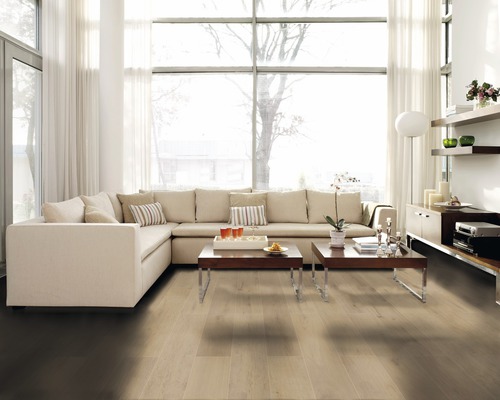 Heller Wohnraum mit Laminatboden, Ecksofa und Couchtischen