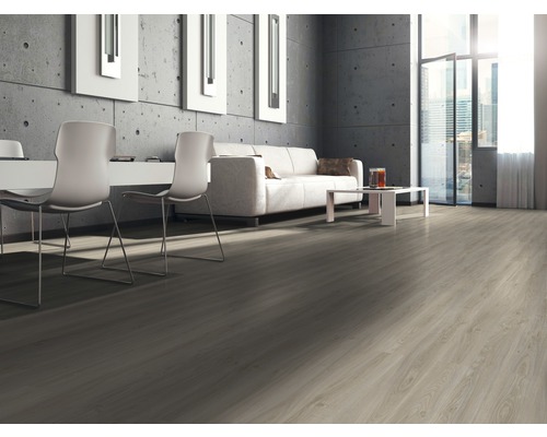 Wohnzimmer mit Laminatboden, Sofa und Stühlen