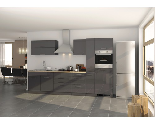 Held Möbel Küchenzeile mit Geräten Mailand 320 cm Frontfarbe grau hochglanz Korpusfarbe graphit zerlegt