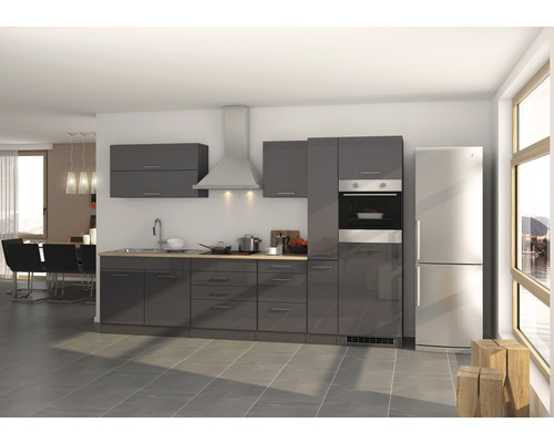 Bloc cuisine complète équipée Held Möbel Mailand 320 cm façade gris à haute brillance, corps graphite variante réversible démonté