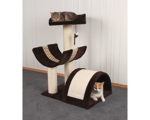 Arbre à chat avec surfaces de couchage et souris jouet, deux chats