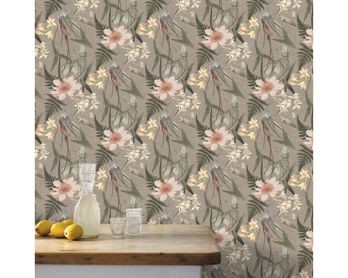 Tapete mit Blumenmuster und Vogelmotiven