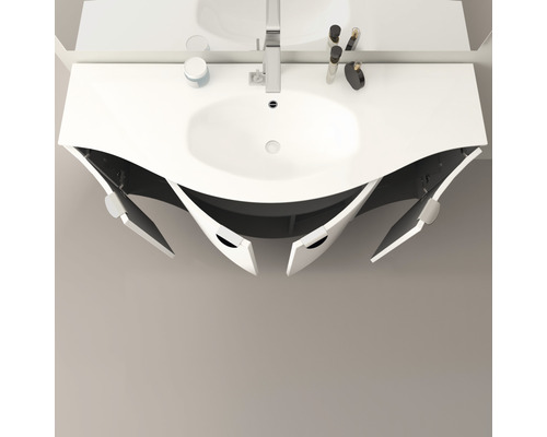 Meuble-lavabo blanc avec meuble sous-vasque et portes ouvertes