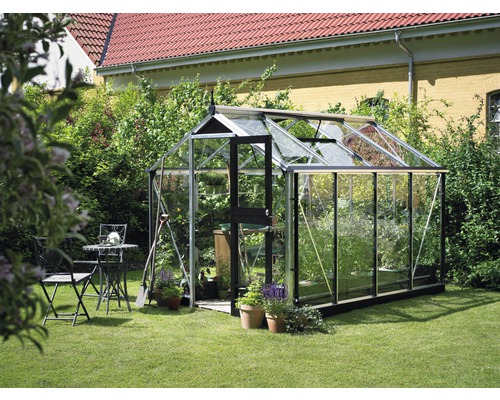 Gewächshaus im Garten mit Pflanzen und Gartengeräten