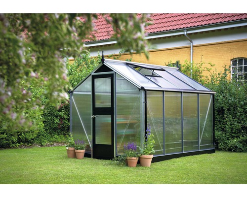 Gewächshaus im Garten mit Pflanzen in Töpfen