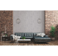 Wohnzimmer mit Sofa, Couchtisch, Dekoration und Ziegelwand