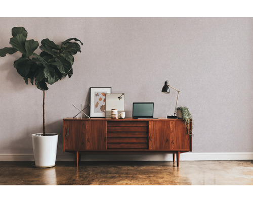 Wohnzimmerszene mit Sideboard, Zimmerpflanze und Dekoration