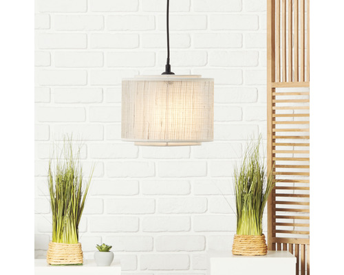 Suspension bambou/métal 1 ampoule hxØ 1200x220 mm Odar beige/noir écran en bambou + textile