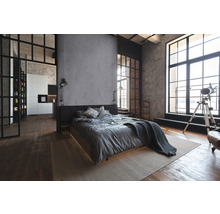Schlafzimmer im Loftstil mit Bett, Teppich, Fenstern und offenem Küchenbereich.