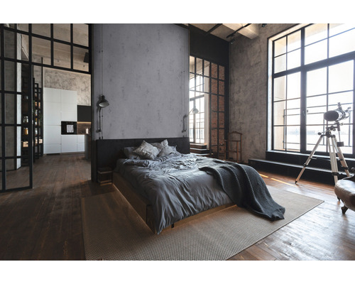 Schlafzimmer im Loftstil mit Bett, Teppich, Fenstern und offenem Küchenbereich.