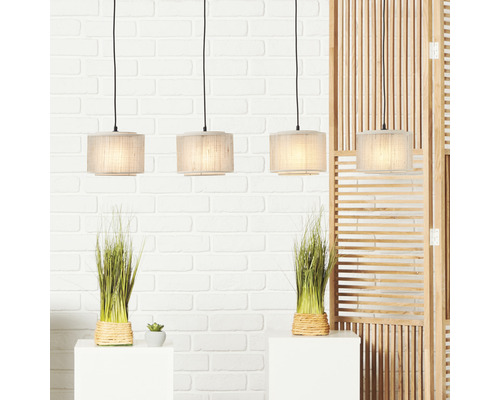 Suspension bambou/métal 4 ampoules hxlxp 1200x1150x220 mm Odar beige/noir écran en bambou + textile