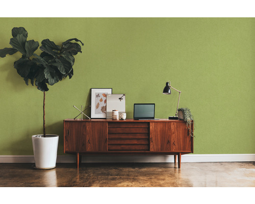 Wohnzimmer mit Kommode, Zimmerpflanze und Schreibtischlampe