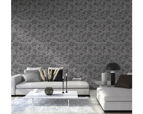 Salon avec papier peint gris à motifs de cubes et meubles blancs pour une ambiance moderne