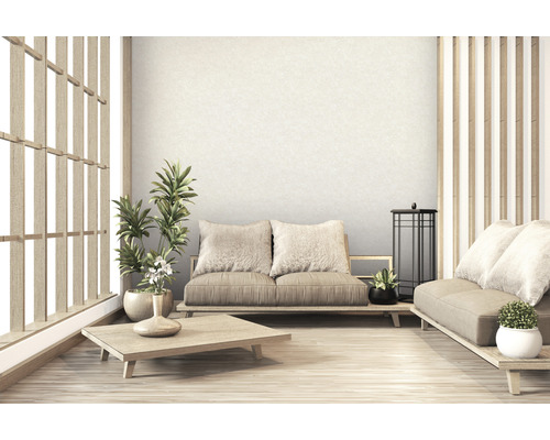 Intérieur clair et spacieux de style japonais avec canapés, table, plantes et éléments décoratifs