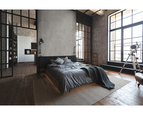 Chambre de style loft avec lit, tapis et grandes fenêtres