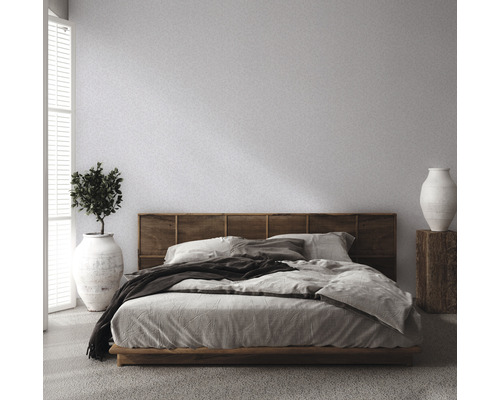 Chambre avec lit, tête de lit en bois, plante et vase