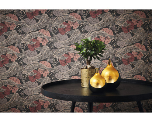 Papier peint à motifs avec des poissons et des feuilles de nénuphar