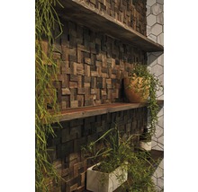 Décoration murale avec panneaux de bois et étagères décorées de plantes.