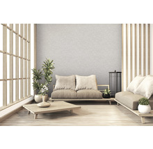 Heller Raum im japanischen Stil mit Sofa, Tisch, Pflanzen und Holzelementen