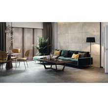 Wohnzimmer mit Sofa, Couchtisch, Esstisch und Stühlen in einem modern eingerichteten Raum.