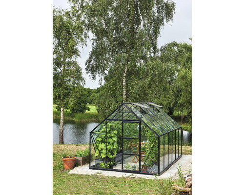 Serre avec plantes dans le jardin au bord du lac