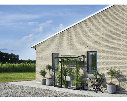 Serre en verre avec des plantes et une table d''appoint devant une maison
