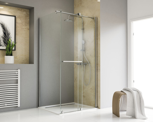 Porte de douche avec paroi latérale avec porte coulissante SCHULTE TouraPlus ExpressPlus 90 x 120 cm couleur du profilé chrome décor de vitre verre transparent avec verre antitache butée de porte à droite butée de paroi latérale à gauche poignée barre