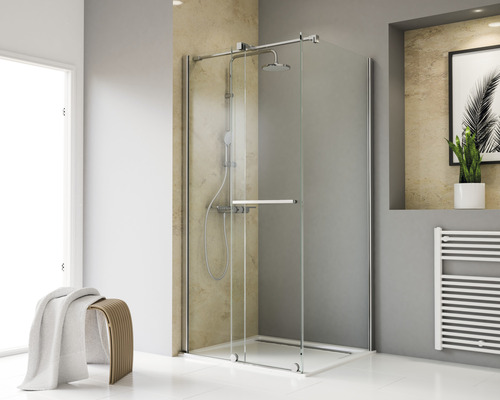 Porte de douche avec paroi latérale avec porte coulissante SCHULTE TouraPlus ExpressPlus 120 x 80 cm couleur du profilé chrome décor de vitre verre transparent avec verre antitache butée de porte à gauche butée de paroi latérale à droite poignée barre