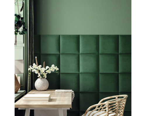 Coussin mural Riviera vert aspect velours 30 x 30 cm Pièce avec revêtement mural vert en panneaux de tissu, bureau et décoration