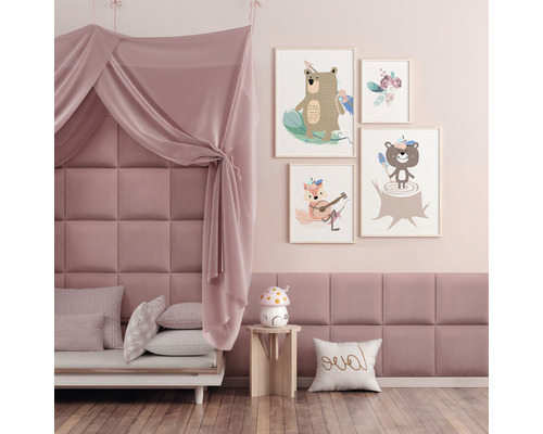 Coussin mural mat velours vieux rose aspect velours 30 x 30 cm Chambre d''enfant avec motifs d''animaux, lit à baldaquin et mur rembourré