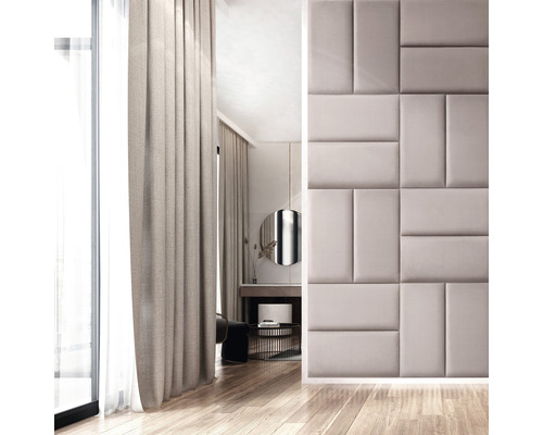 Wandkissen Fancy creme/taupe Gewebte-Optik 30 x 60 cm Raumansicht mit Vorhang, Spiegelkommode und Wandpaneelen für die Inneneinrichtung