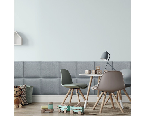 Coussin mural Salva bleu pastel aspect tissé 30 x 30 cm Chambre d''enfant avec panneaux acoustiques, table et chaises