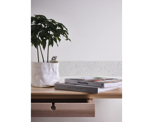 Vue détaillée d''une pièce avec une bordure, une table et une plante d''intérieur