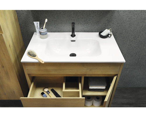 Meuble-lavabo de salle de bain en bois avec tiroir ouvert et lavabo