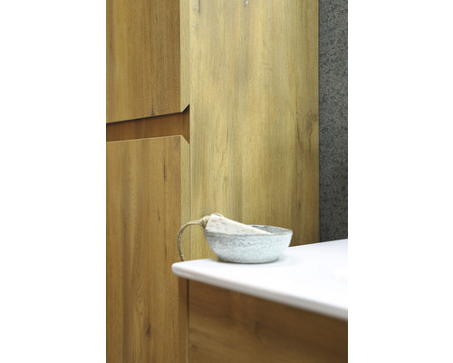 Vue détaillée d''une salle de bains avec lavabo et armoires en bois