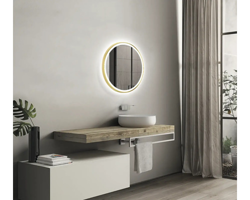 Salle de bain avec lavabo, miroir rond avec éclairage et plante