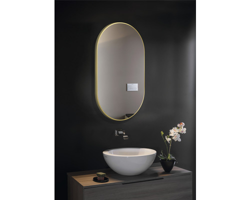 Salle de bains avec miroir ovale, meuble-lavabo et vasque à poser