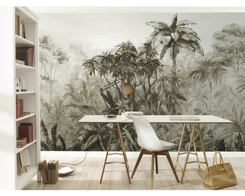 Bureau avec papier peint photo motif jungle, bureau, chaise et bibliothèque