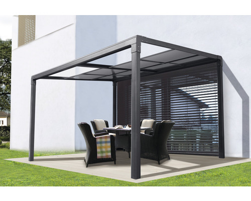 Pergola, pavillon Air II avec toit coulissant 392 x 305 x 262 cm anthracite Pergola de terrasse avec mobilier de jardin sur une terrasse