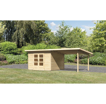 Holzgartenhaus mit Carport im Garten
