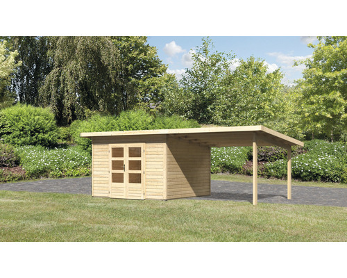 Abri de jardin Karibu Speyer 3 avec extension de toit 3,3 m 664 x 331,5 cm naturel