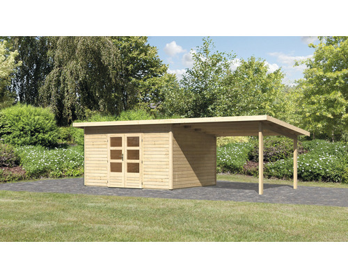 Abri de jardin Karibu Speyer 4 y compris extension de toit 3,3 m 664 x 309 cm naturel