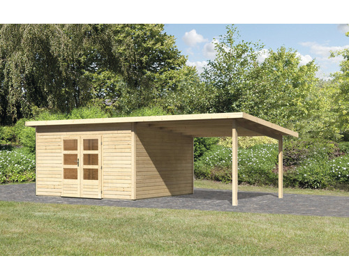 Abri de jardin en bois avec abri voiture et toit plat