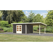 Gartenhaus mit Carport vor Bäumen